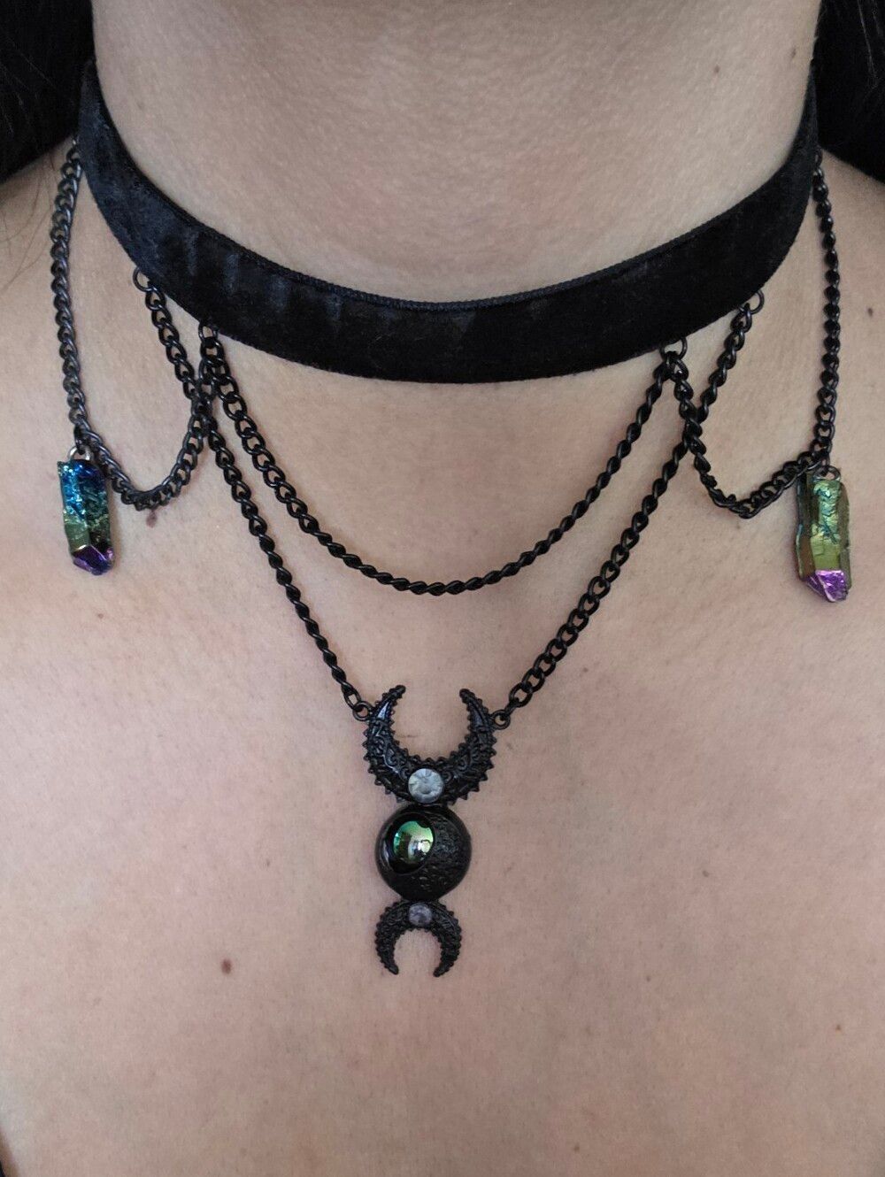 Black Velvet Multi-Layer Moon & Crystal Pendant Choker Necklace